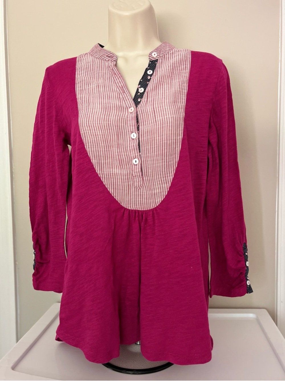 Meadow Rue Fuchsia Top with Navy Floral Trim
